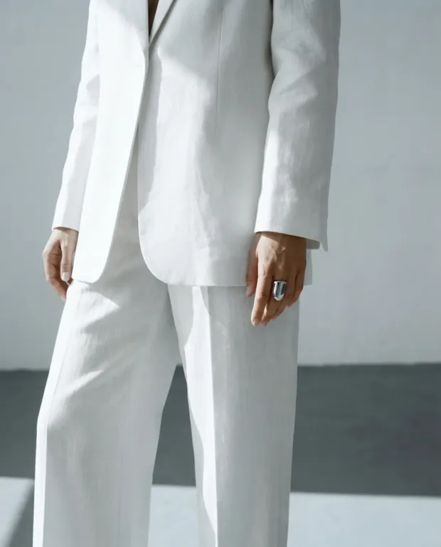 Tonal white-on-white for tailoring.