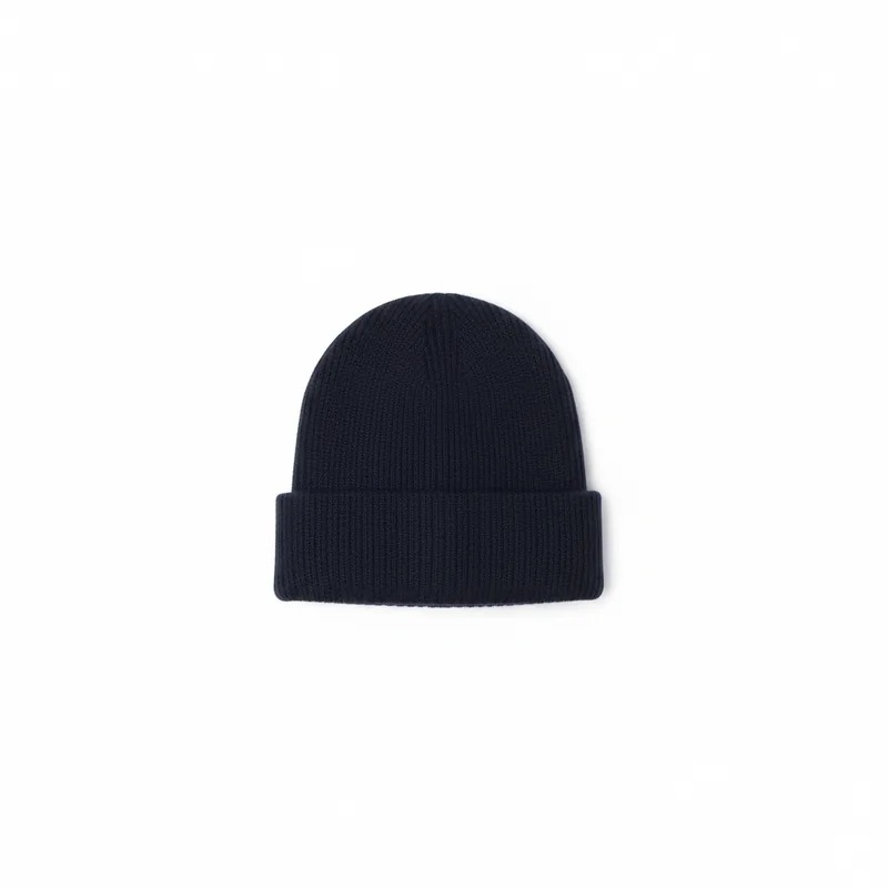 Navy ribbed beanie shown on an AI fashion model after virtual try-on