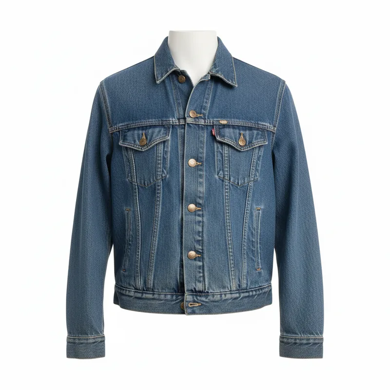 Blue denim jacket shown on an AI fashion model after virtual try-on