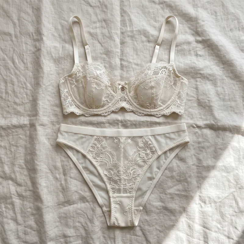 Ivory lace bra and brief laid flat on a linen sheet