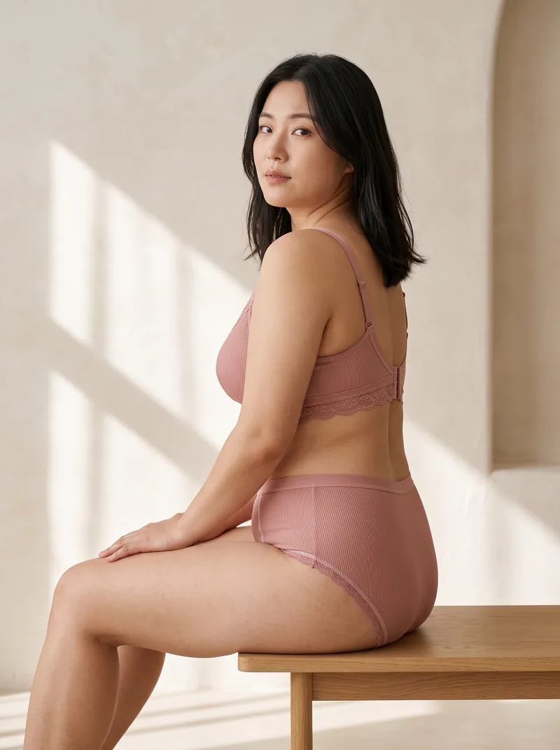Dusty-rose ribbed cotton set shown on an AI model after virtual try-on