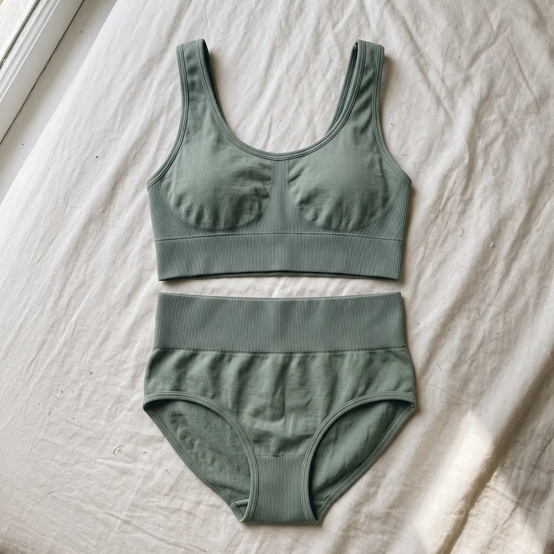 Sage seamless longline set — the flat-lay product photo before try-on