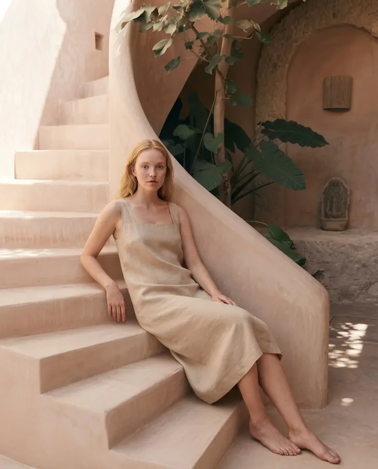 Seated — how the dress falls when she sits down.