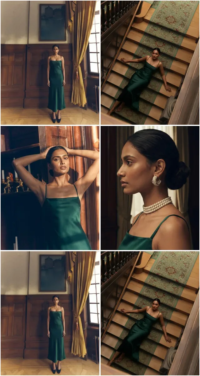 Panelled interior, evening light, for eveningwear.