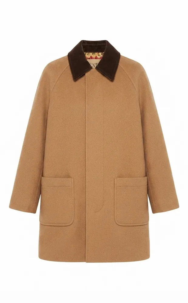 Camel coat with the collar laid open.
