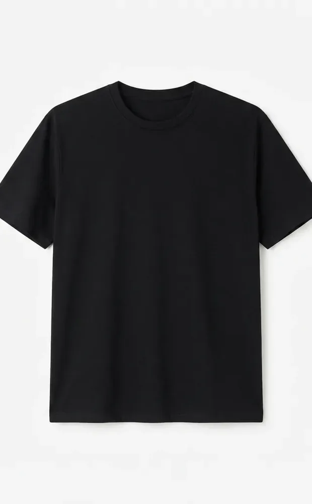 Black tee, styled flat and squared up.