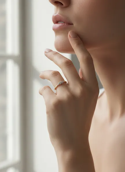 Gold pavé band ring shown on an AI fashion model after virtual try-on