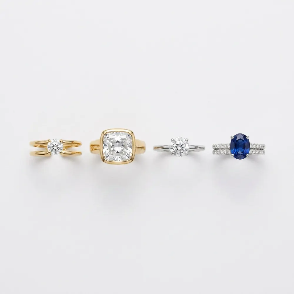 Diamond and sapphire stacking rings — original product photo before AI try-on