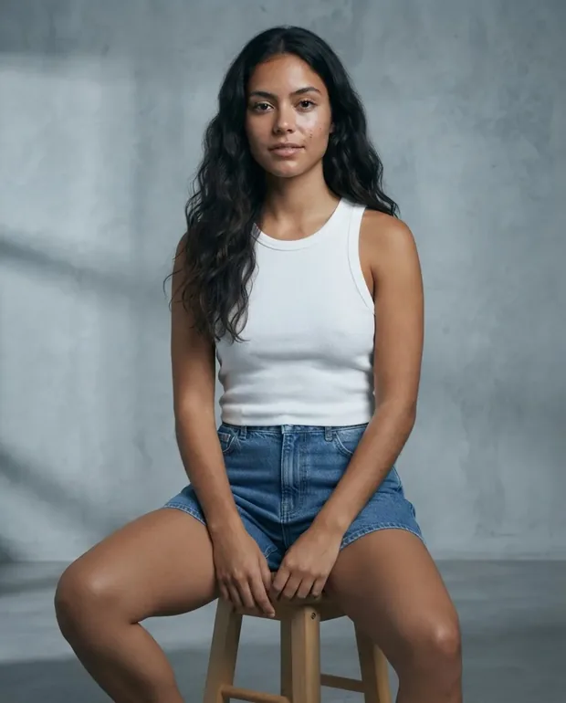 Seated on a stool, relaxed.