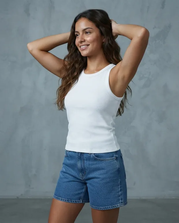 Arms raised, movement in the frame.