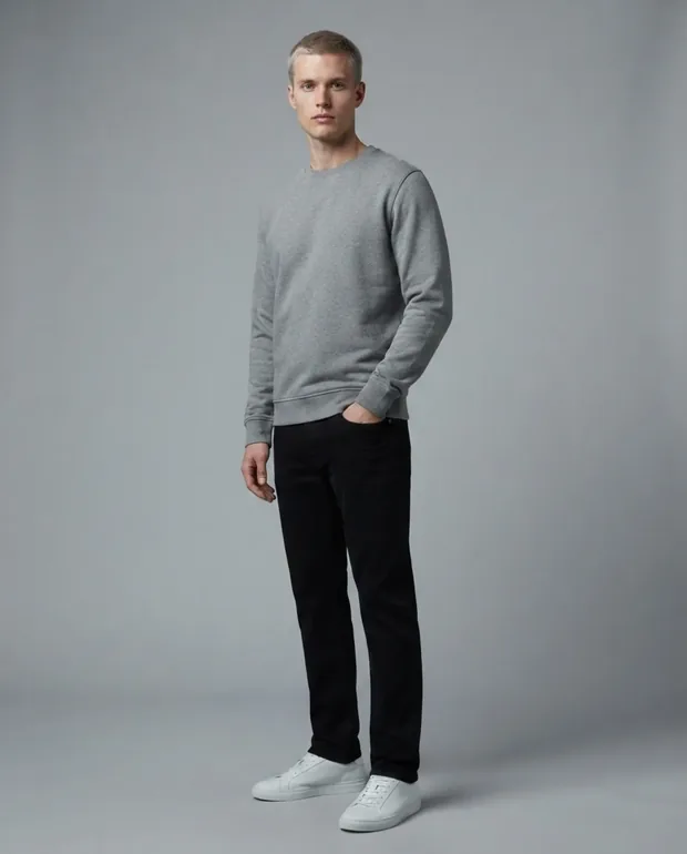 Full-length front, mid-stride.