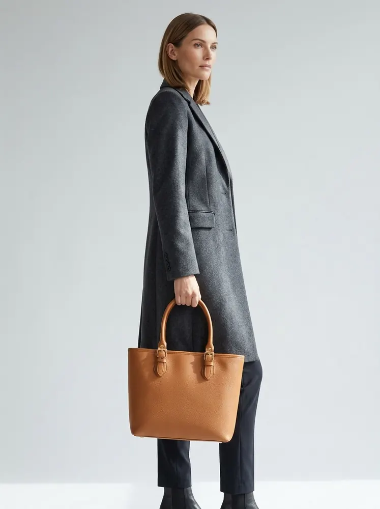 Tan structured leather tote shown on an AI fashion model after virtual try-on
