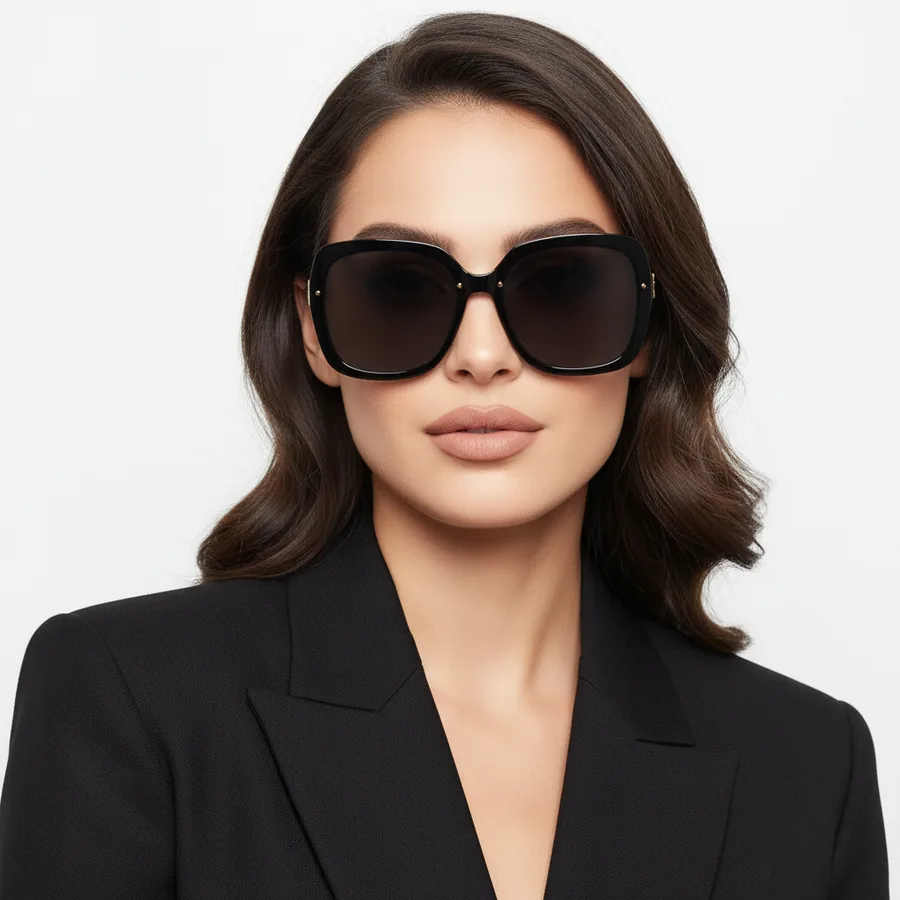 Oversized black sunglasses shown on an AI fashion model after virtual try-on