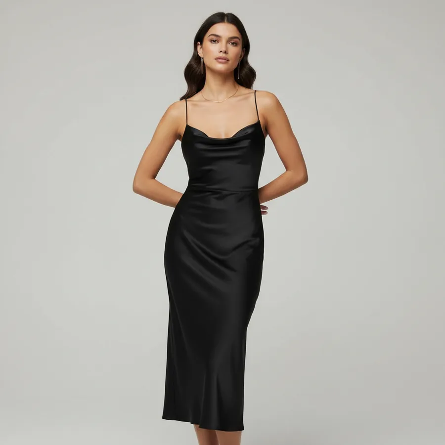 Black satin slip dress shown on an AI fashion model after virtual try-on