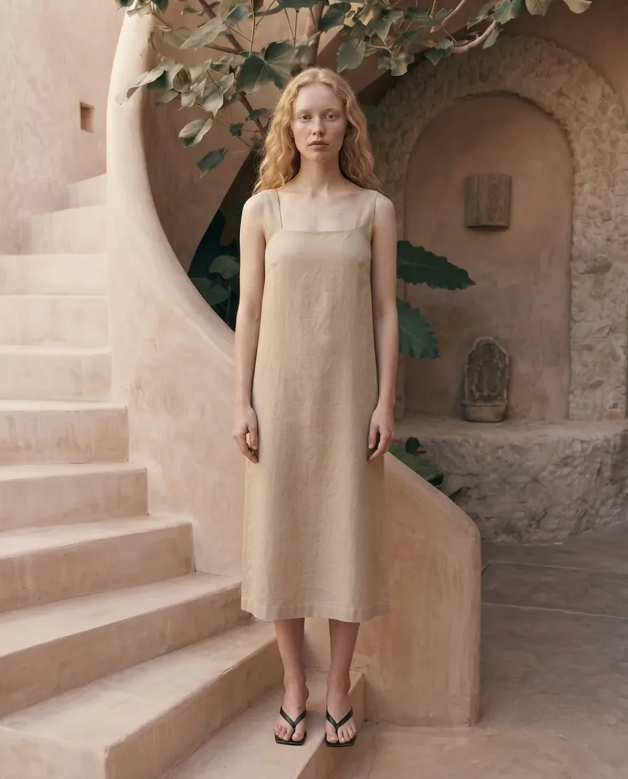 Beige linen dress on an AI model against a terracotta riad staircase