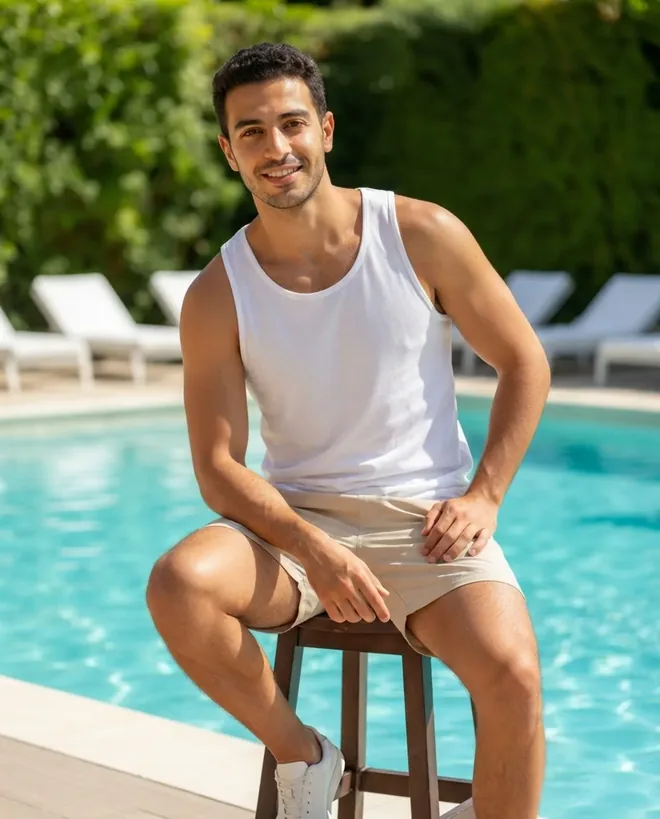 Poolside for swim, resort, and summer menswear.