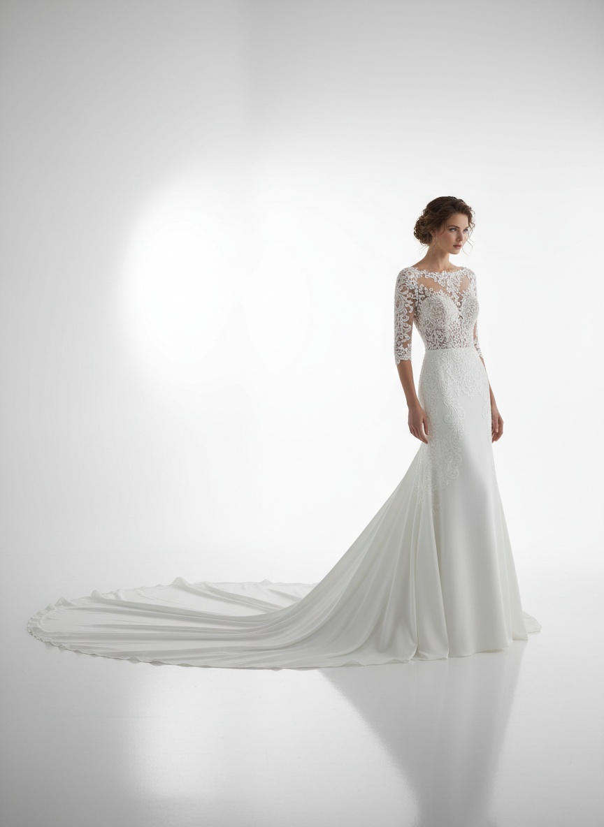 Full length with the train laid out — the frame bridal buyers look for first.