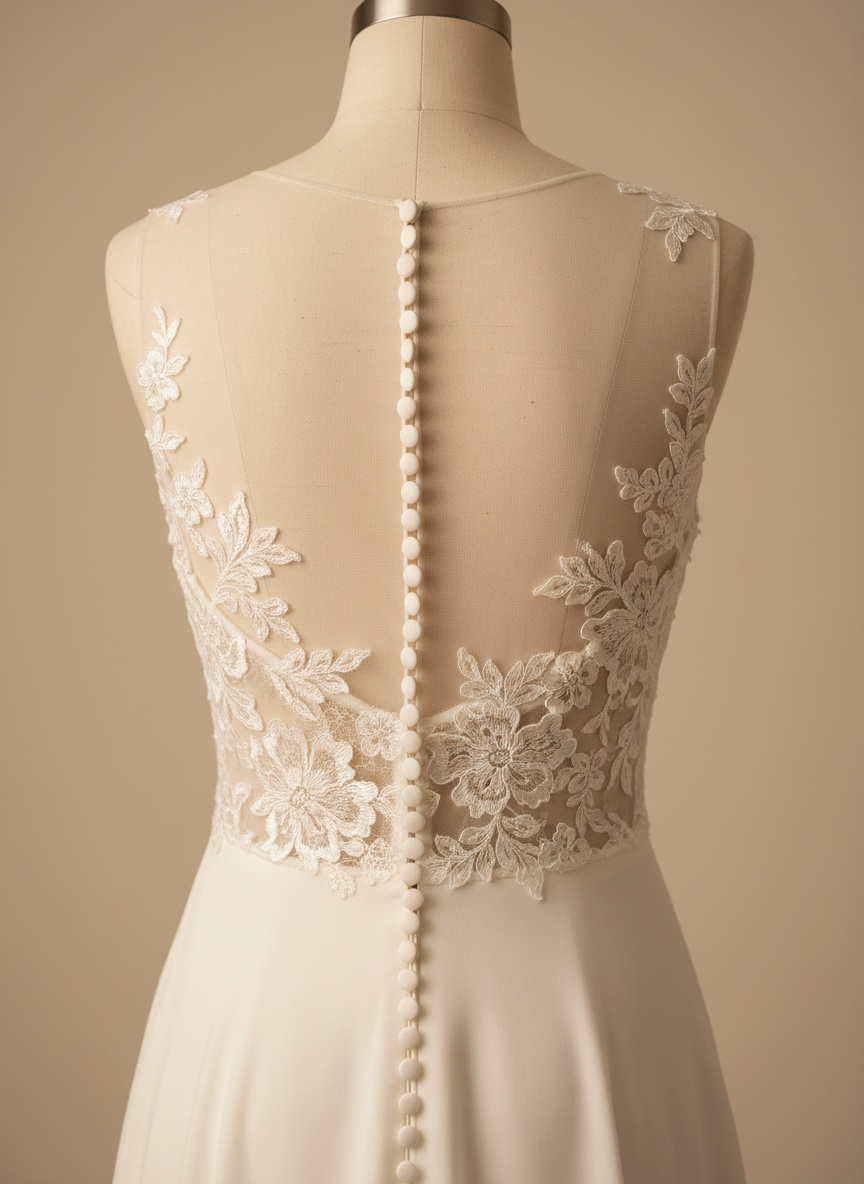 Covered-button closure and illusion back panel. The most-skipped shot in bridal listings.