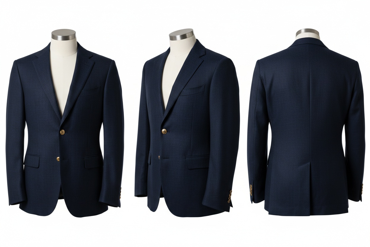 The same blazer as three ghost mannequin frames: front, three-quarter and back