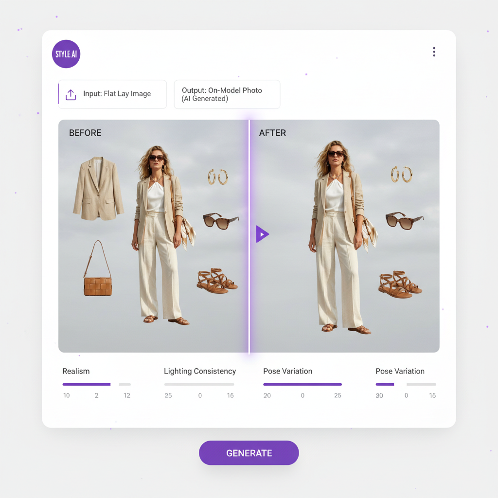 Fashio AI dashboard showing before and after flat lay to on-model conversion