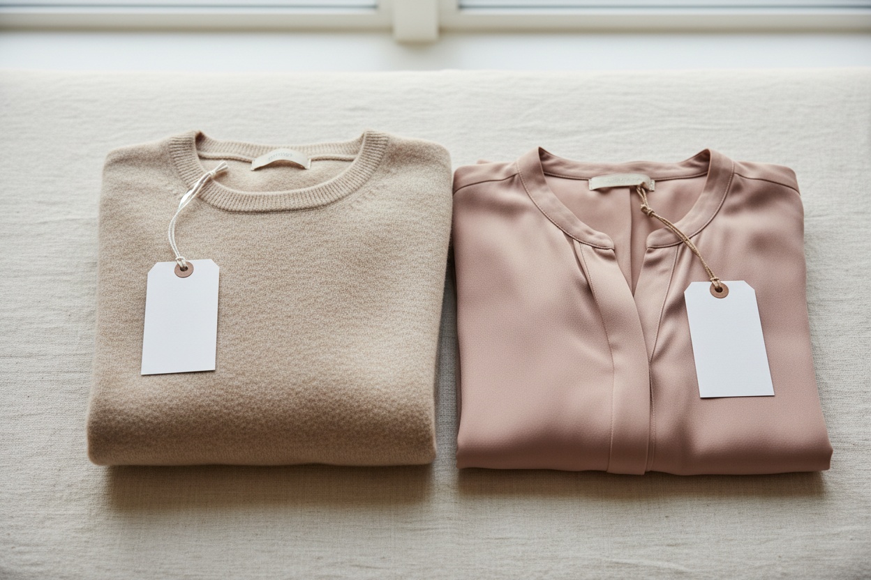 Two folded garments beside blank price tags, representing a plan-price comparison