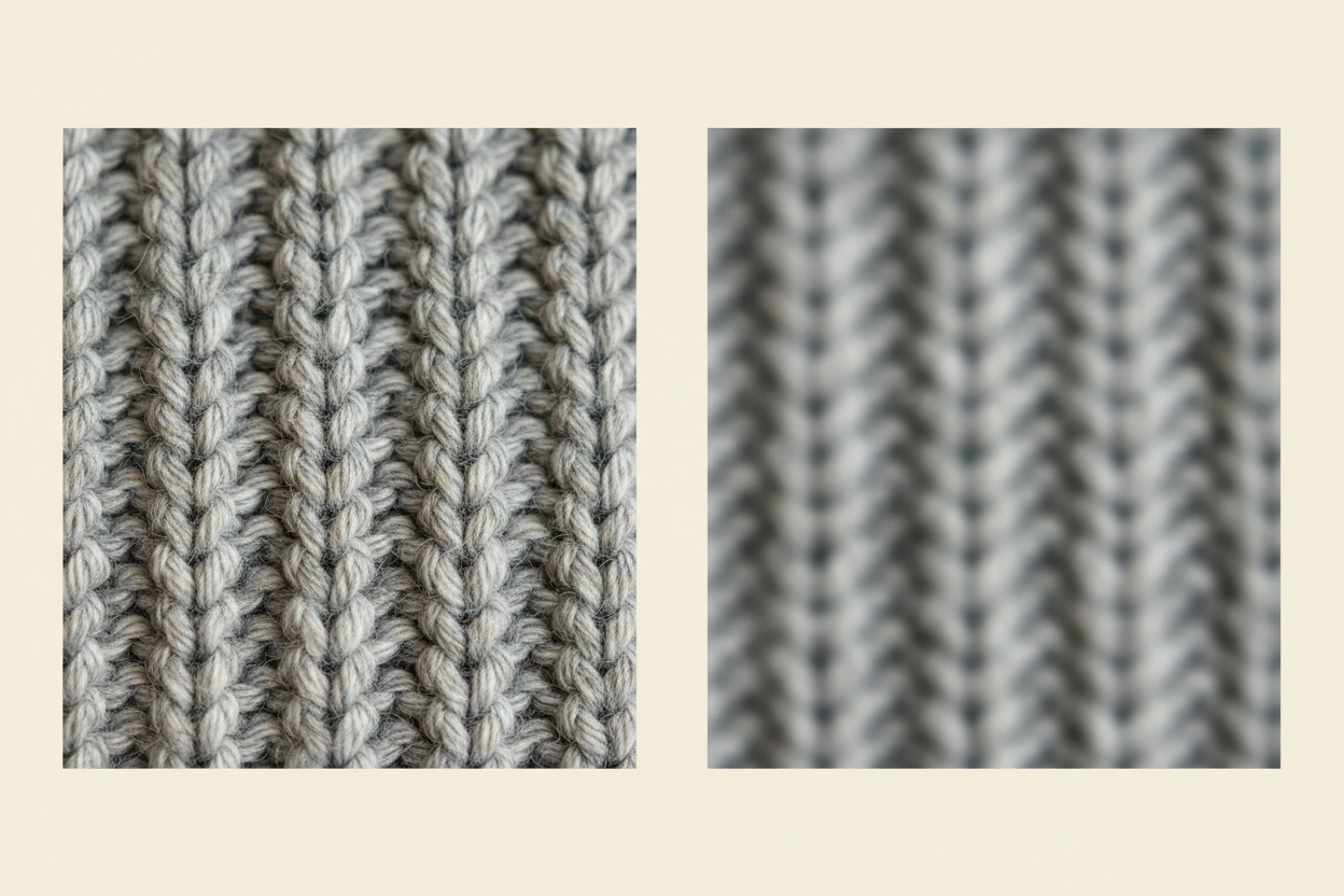 Two macro crops of the same knit, one sharp and one softened