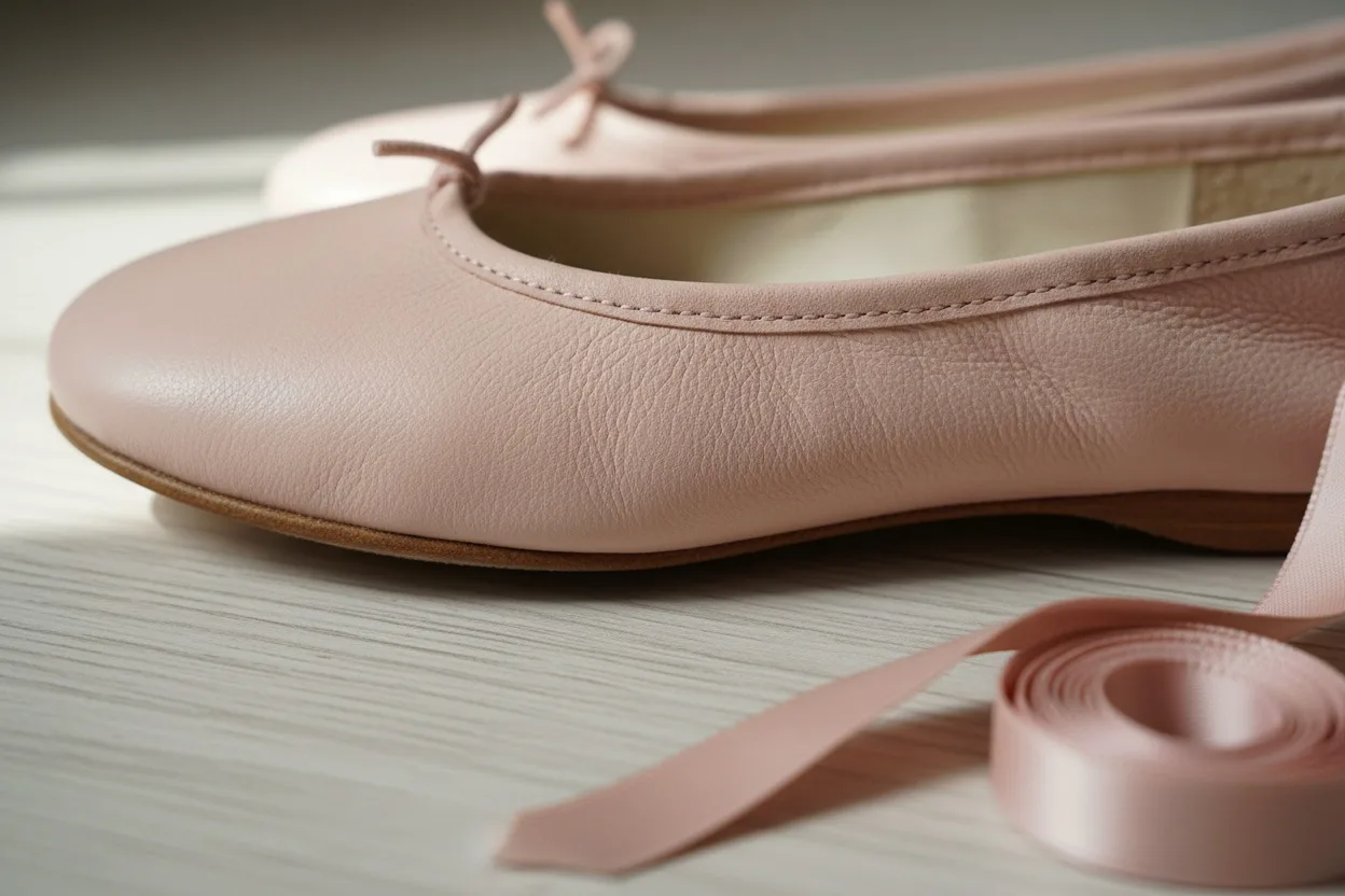Macro detail of a soft leather ballet flat showing a stitched sole edge, leather lining and ribbon ties