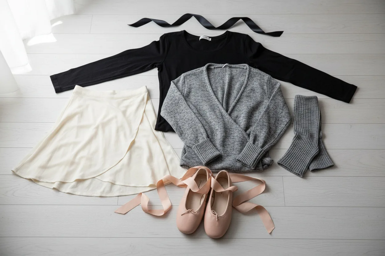 Flat lay of balletcore pieces: grey marl wrap cardigan, leg warmers, ballet flats with ribbon ties, fitted long-sleeve and a wrap skirt