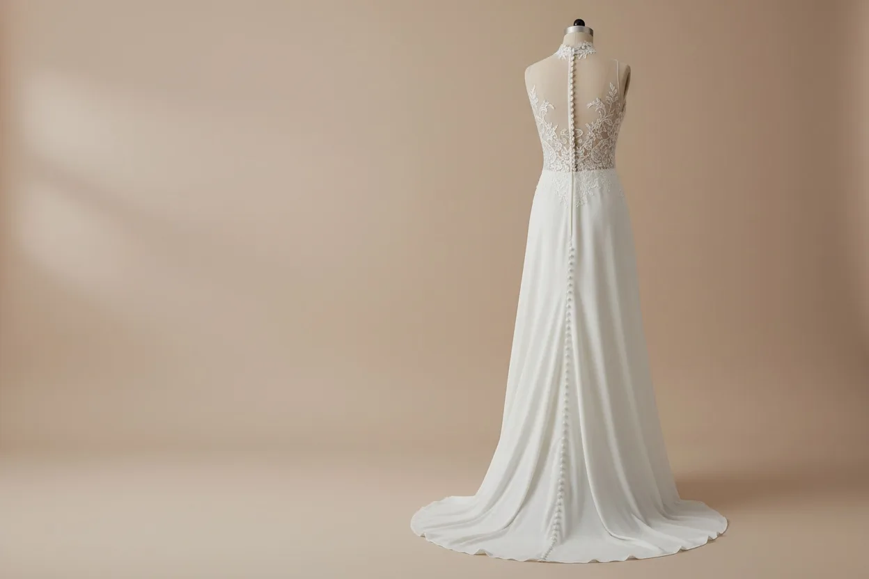 Back view of a bridal gown showing a covered-button closure and an illusion lace panel