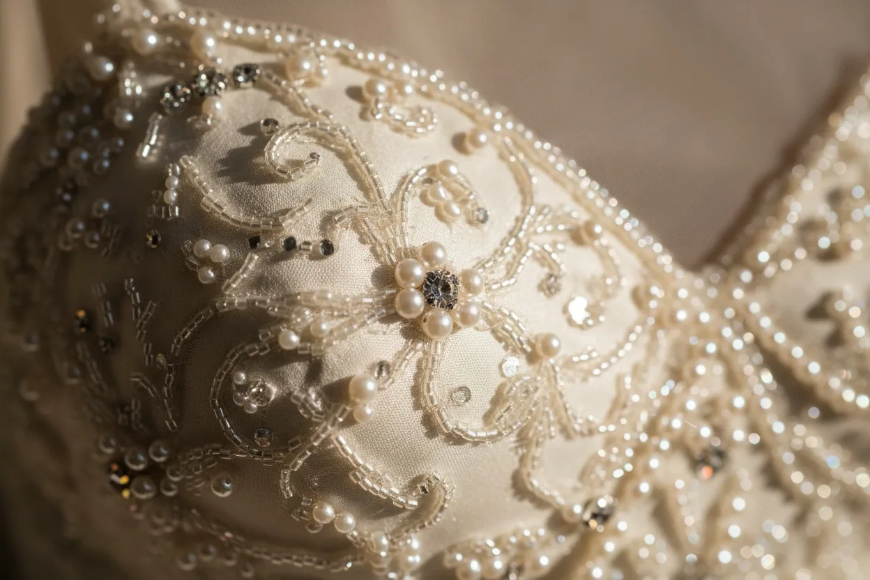 Macro of bridal bodice beadwork lit at a sharp raking angle so each bead casts a shadow