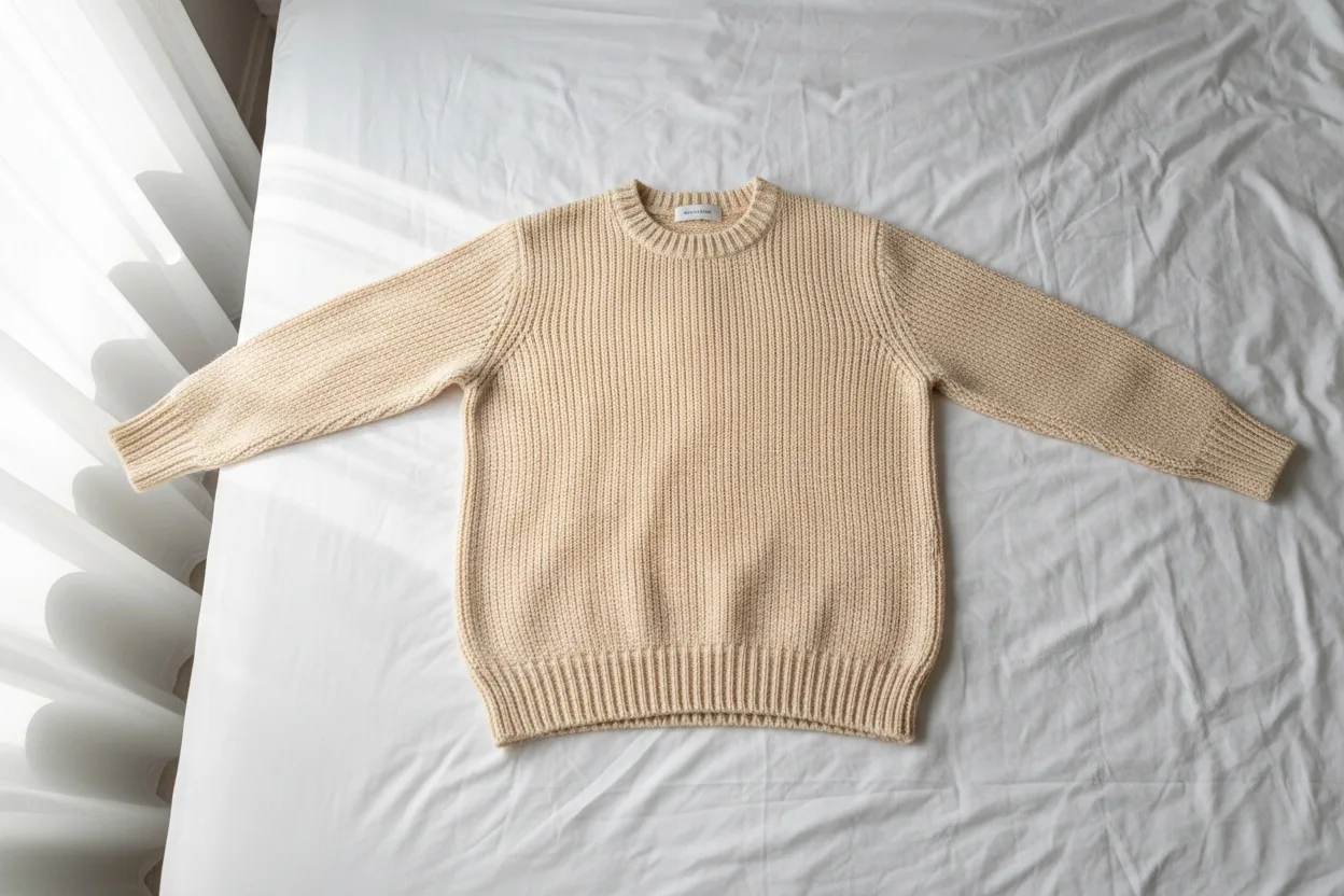A garment laid flat and square on a plain white sheet, shot from directly overhead with even light