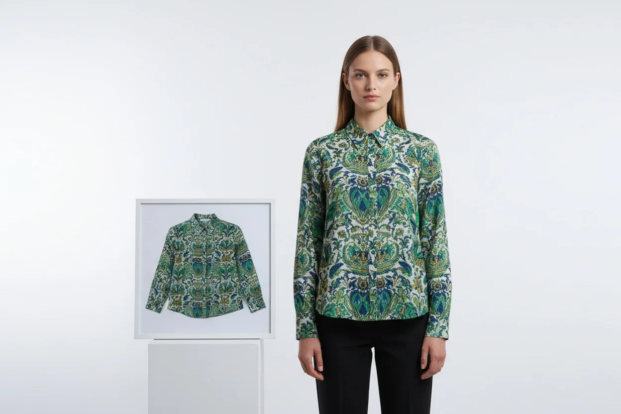 A model wearing a printed blouse with the print scale and repeat matching the source garment