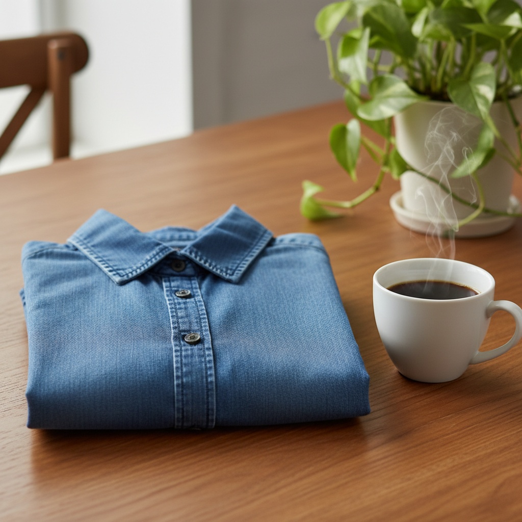 The same folded blue shirt on a warm wooden table beside a plant and a coffee cup