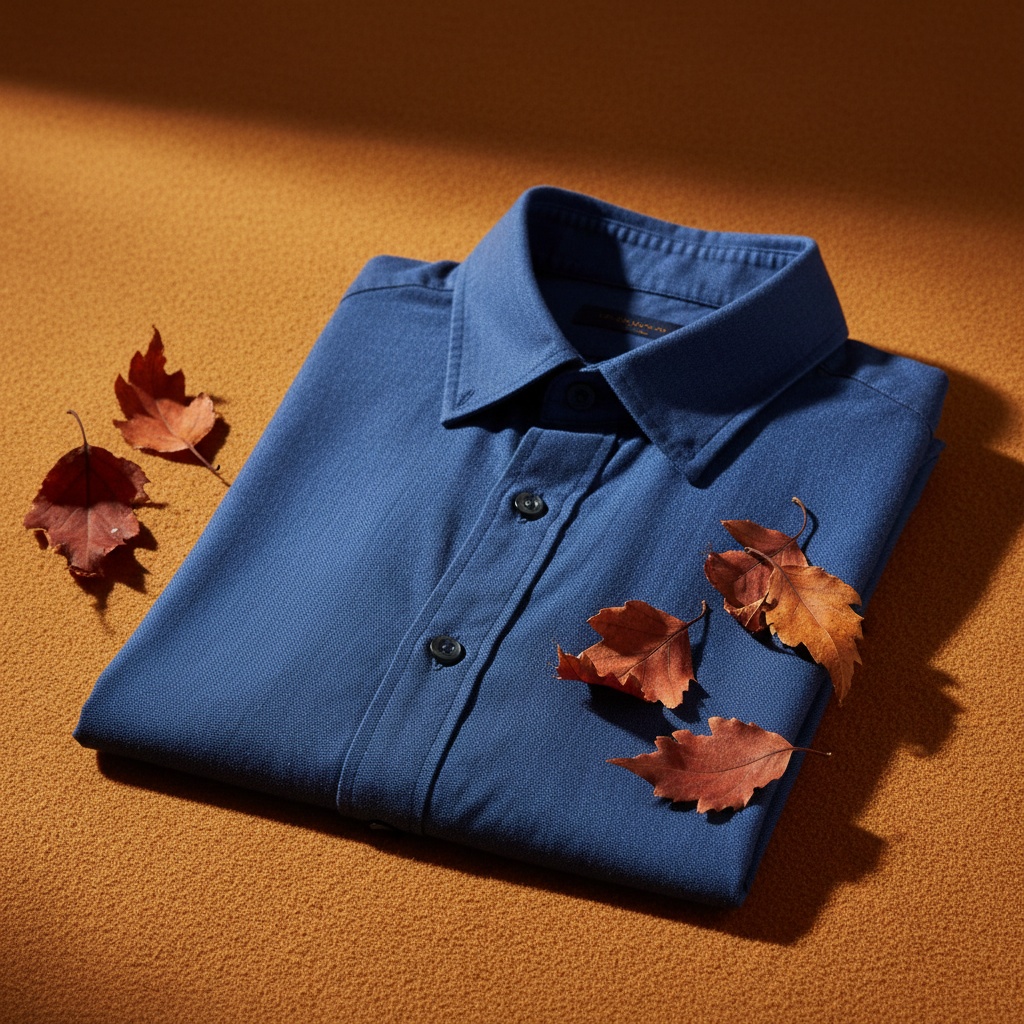 The same shirt on a warm amber autumnal backdrop with dried leaves