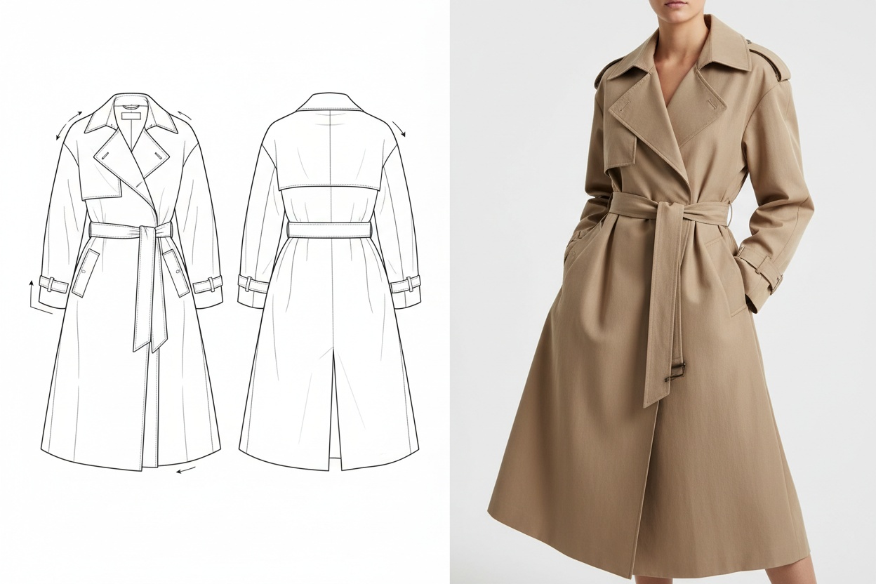 A flat technical drawing beside the same design rendered as a finished garment
