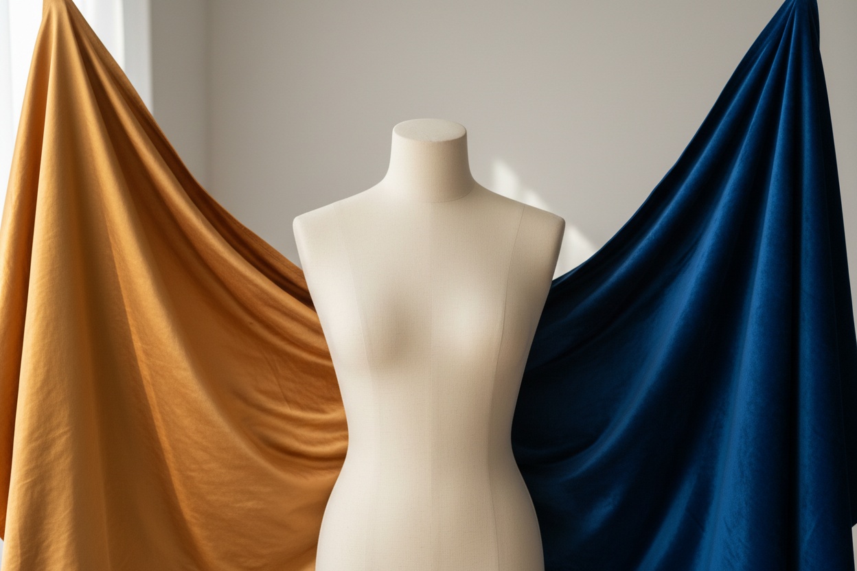 Two fabric drapes, one warm and one cool, held beside a neutral mannequin bust