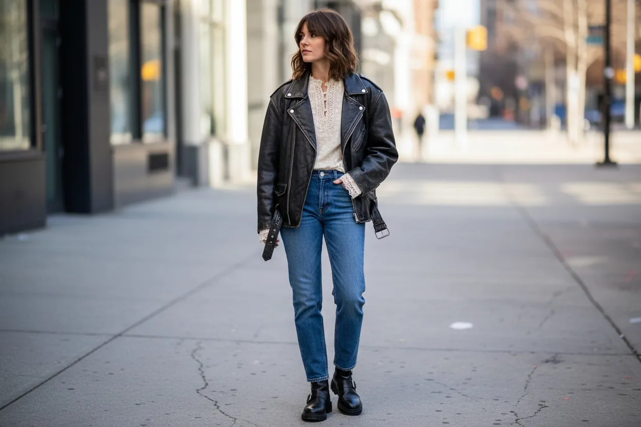 Lace-trimmed cream top layered under an oversized black leather jacket with straight jeans