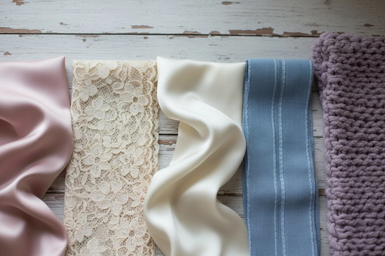 Fabric swatches in ballet pink satin, cream lace, ivory silk, powder blue and dusty lilac