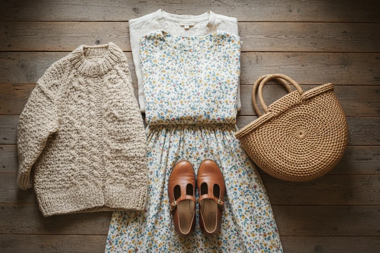 Flat lay of cottagecore pieces: floral cotton dress, hand-knitted cardigan, straw basket, Mary Janes and a linen blouse
