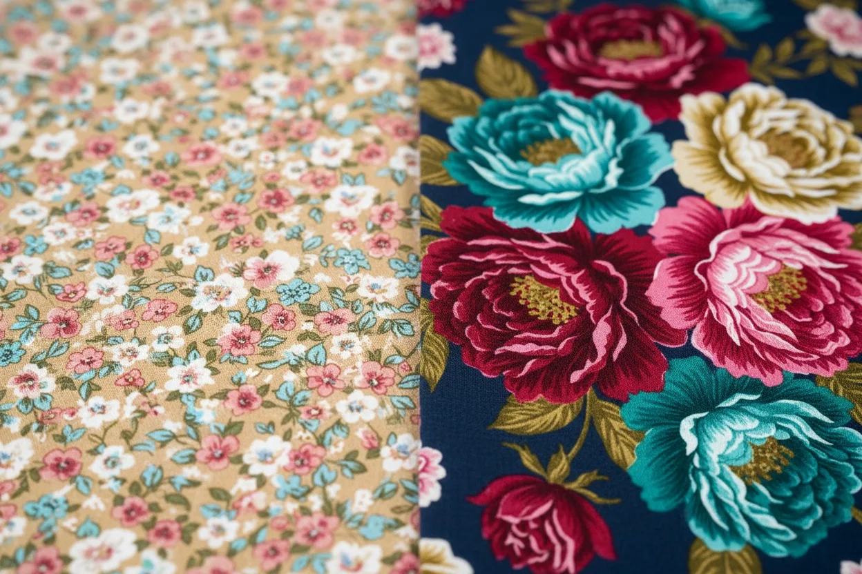 Two floral cotton fabrics side by side showing a small ditsy print against a large bold print