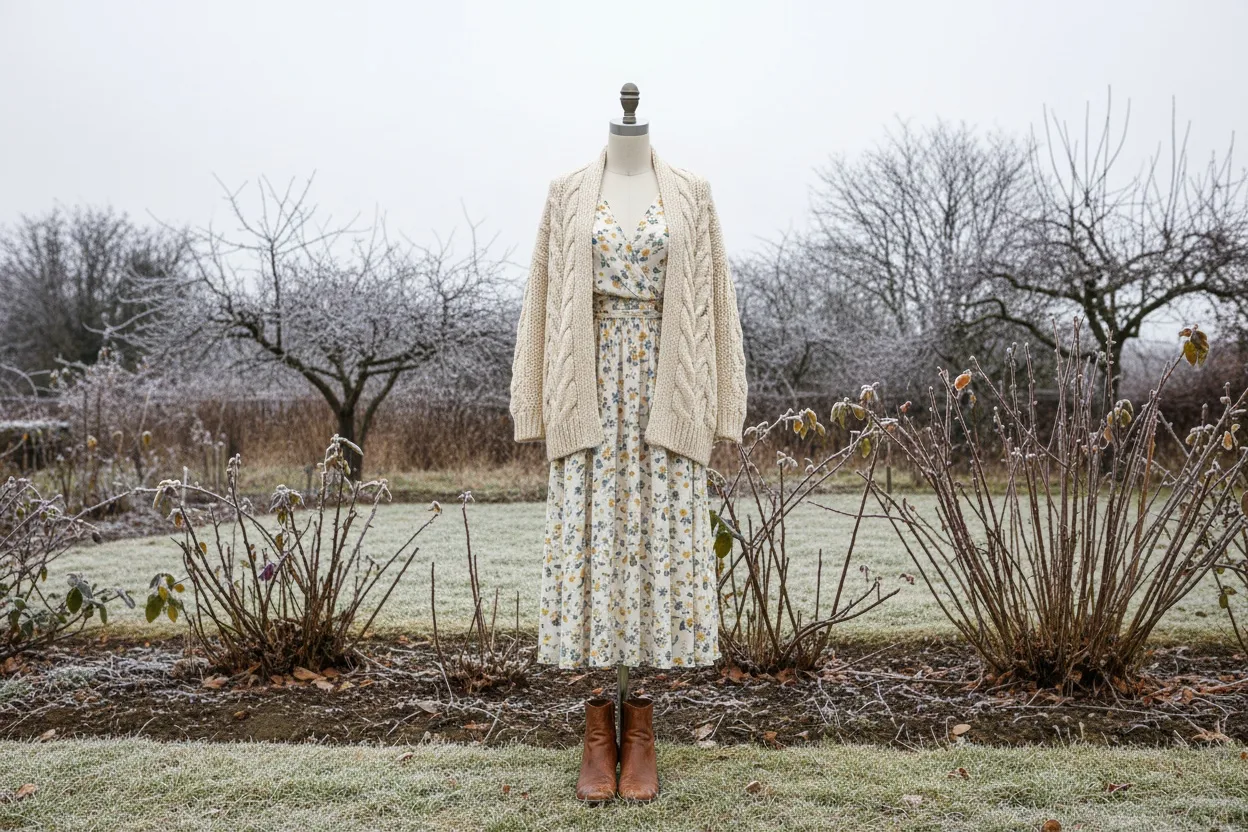Cream cable-knit cardigan over a floral midi dress with dark leggings and brown leather boots