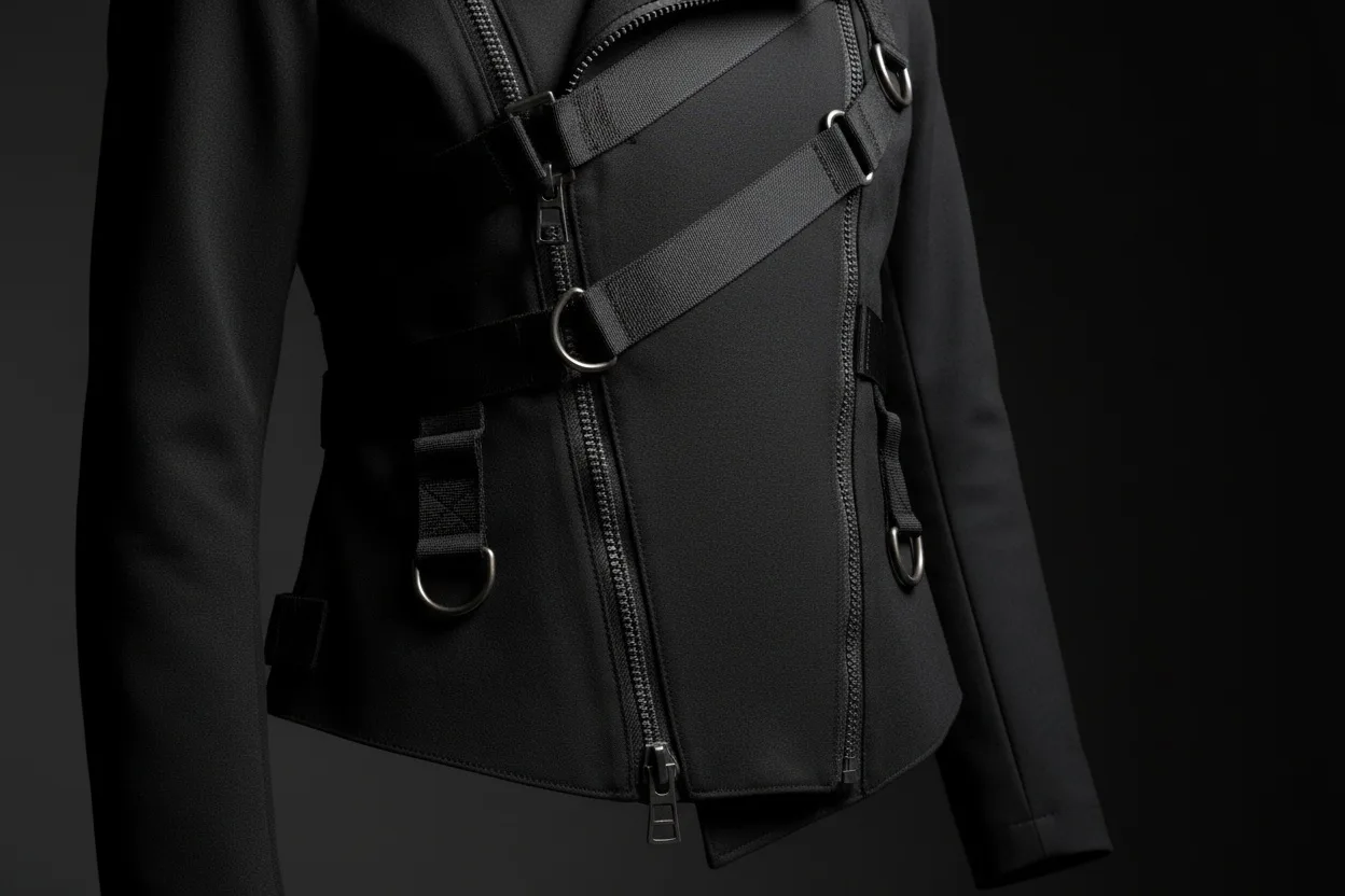 Detail of a diagonal asymmetric zip and uneven hem on a matte black technical jacket with exposed hardware