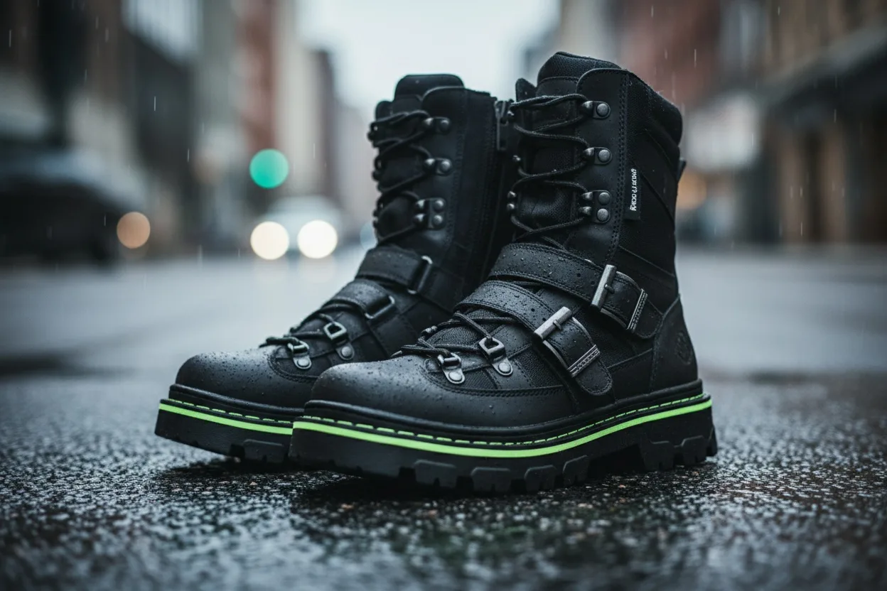 Chunky black technical boots with visible hardware and an acid-green sole edge on wet asphalt