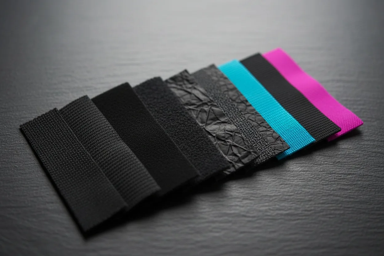 Matte black and gunmetal technical fabric swatches with a single small strip of cyan and magenta