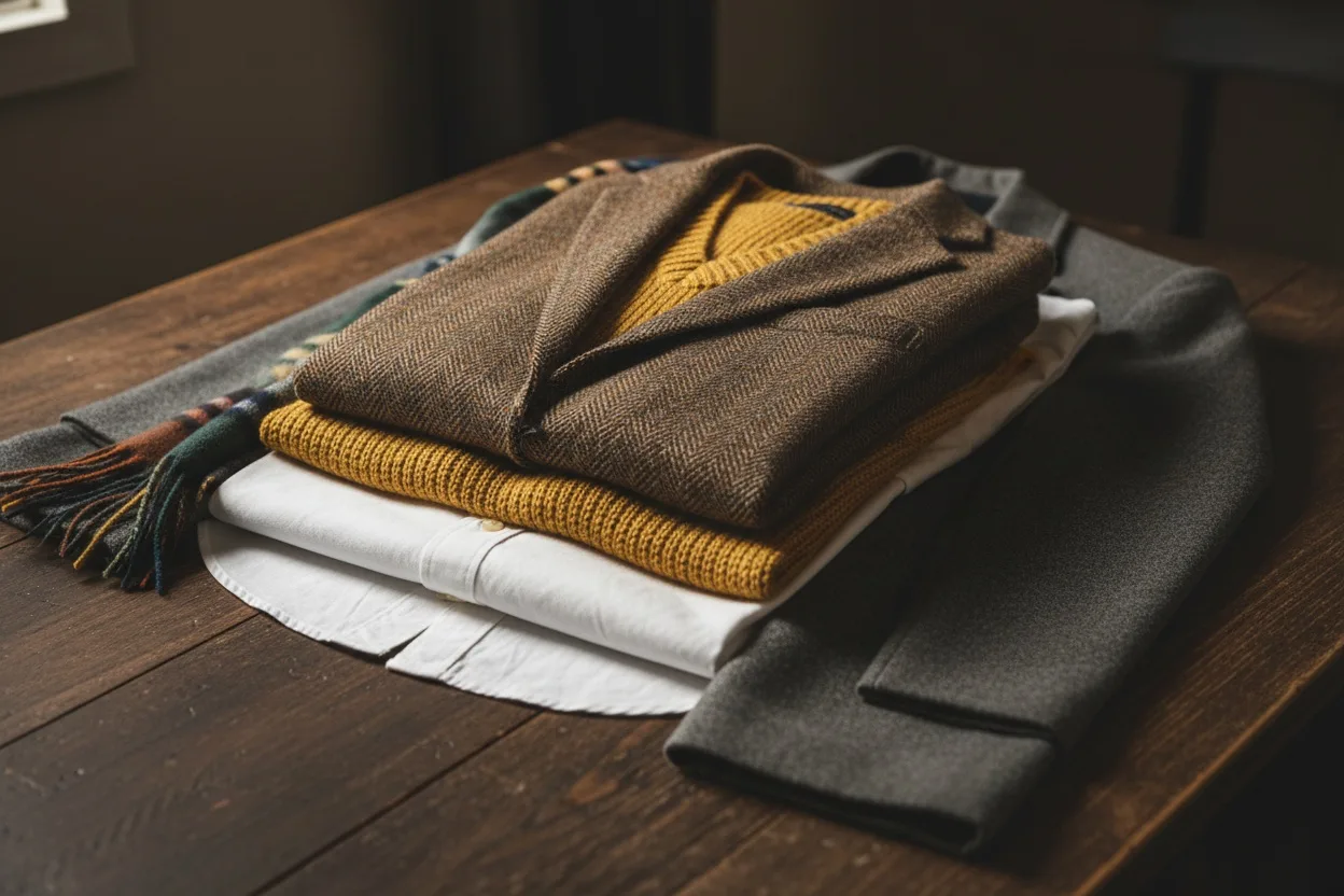 Layering stack laid out with staggered hems: oxford shirt, knitted vest, tweed blazer, wool coat and tartan scarf