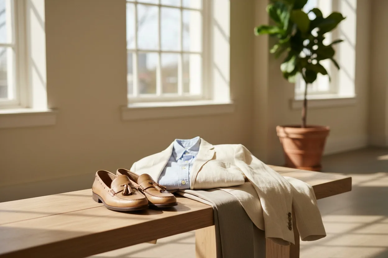 Cream linen blazer, pale blue oxford shirt, stone pleated trousers and tan loafers on a pale wooden bench