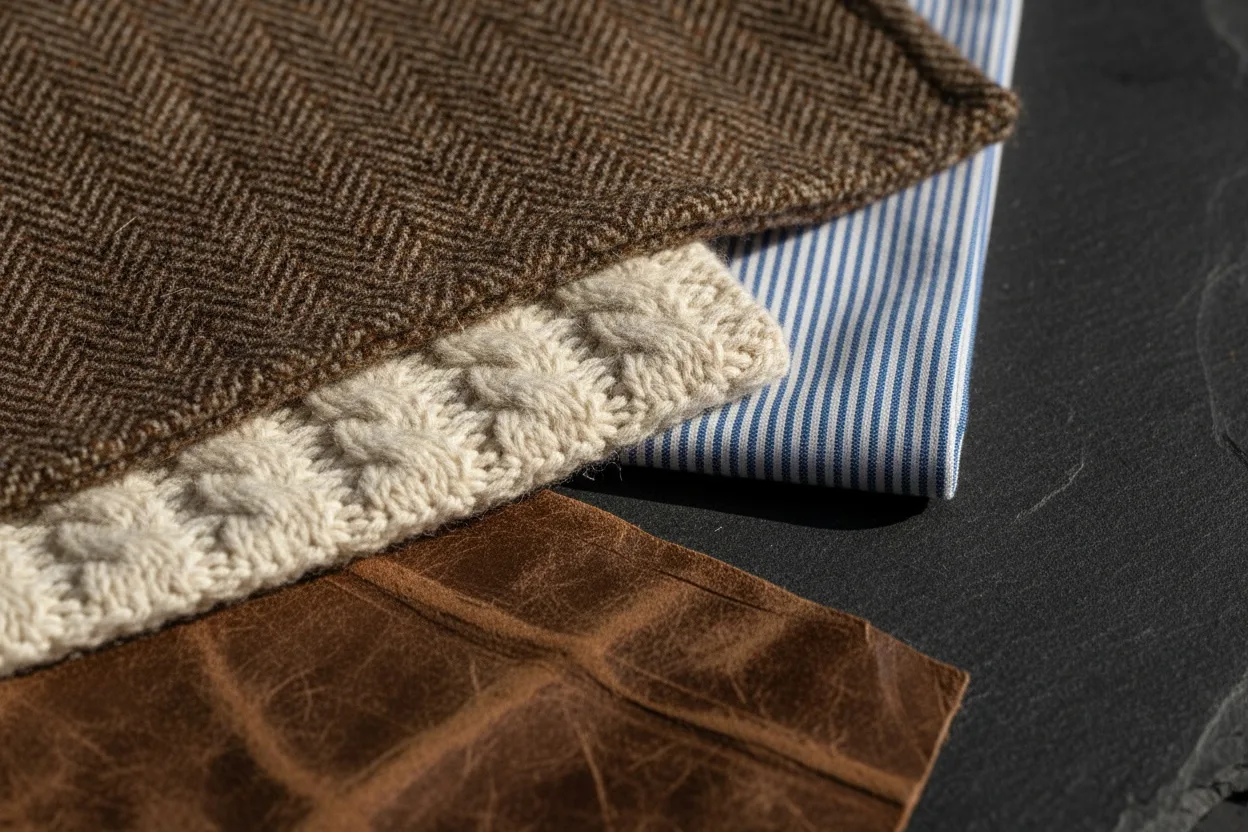 Macro detail of herringbone tweed, cable-knit wool, cotton oxford shirting and aged brown leather overlapping