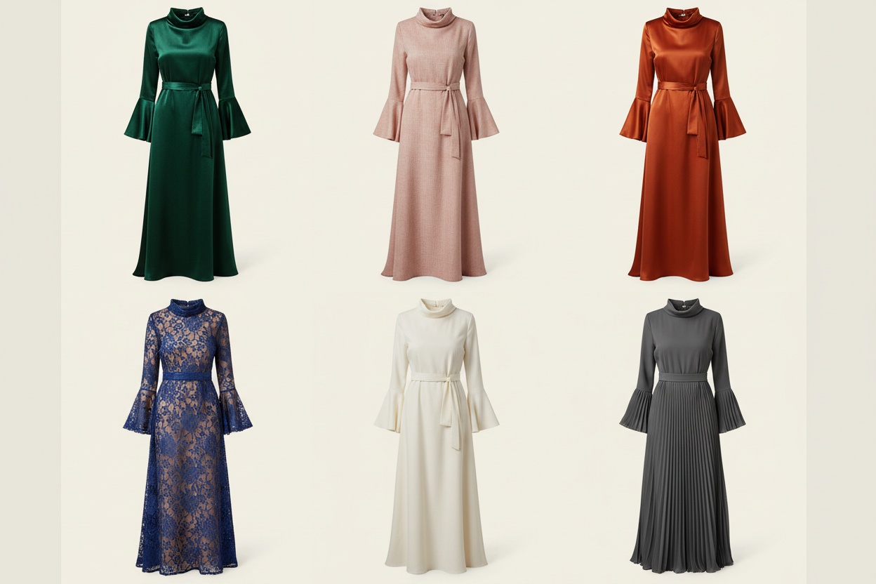 Six versions of one dress silhouette in different fabrics and colourways