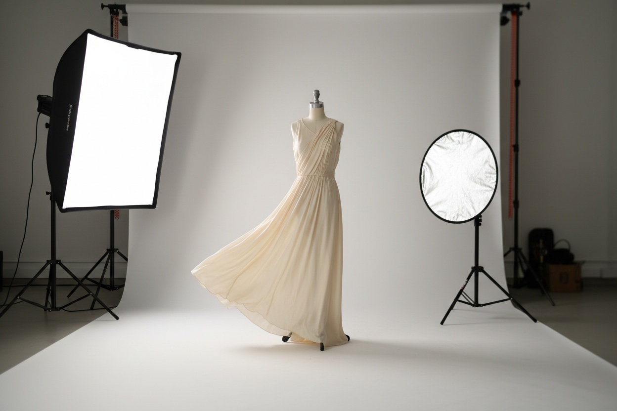 A two-light product photography setup with a white sweep, softbox and reflector