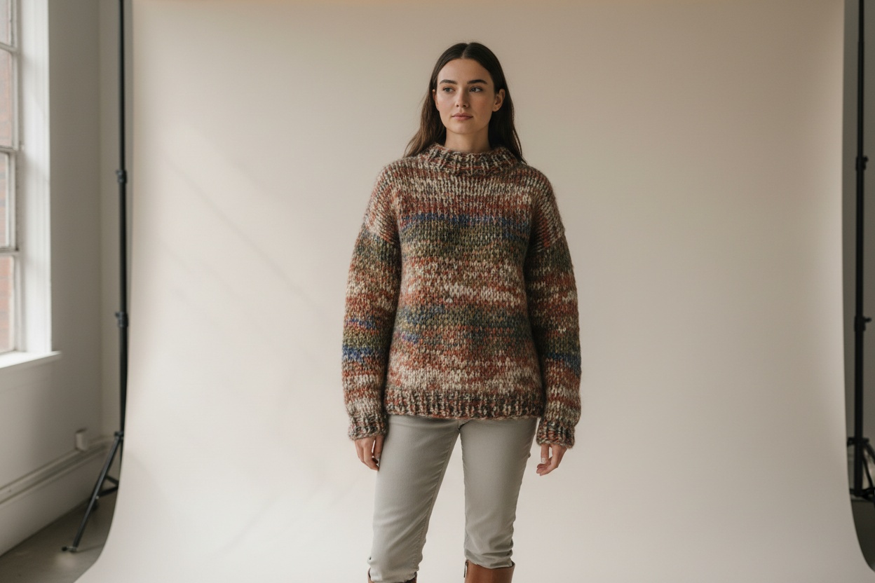 The same knitted jumper worn by a model with knit texture and colour matching the flat source
